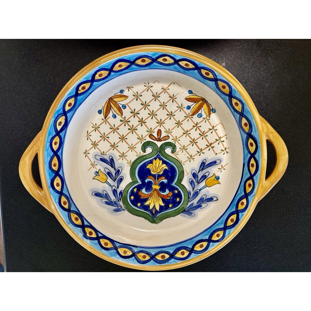 Terra Bella Hand Painted Round Serving Bowl 13" Mediterranean Handles